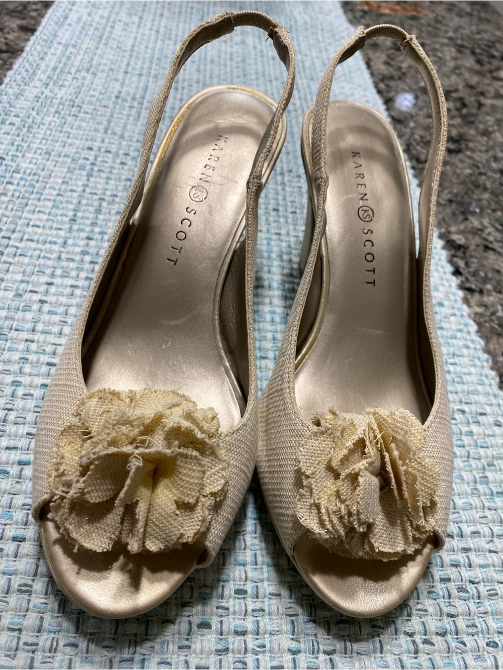 Karen Scott Cream Peep-Toe Slingback Heels with Fabric Flower